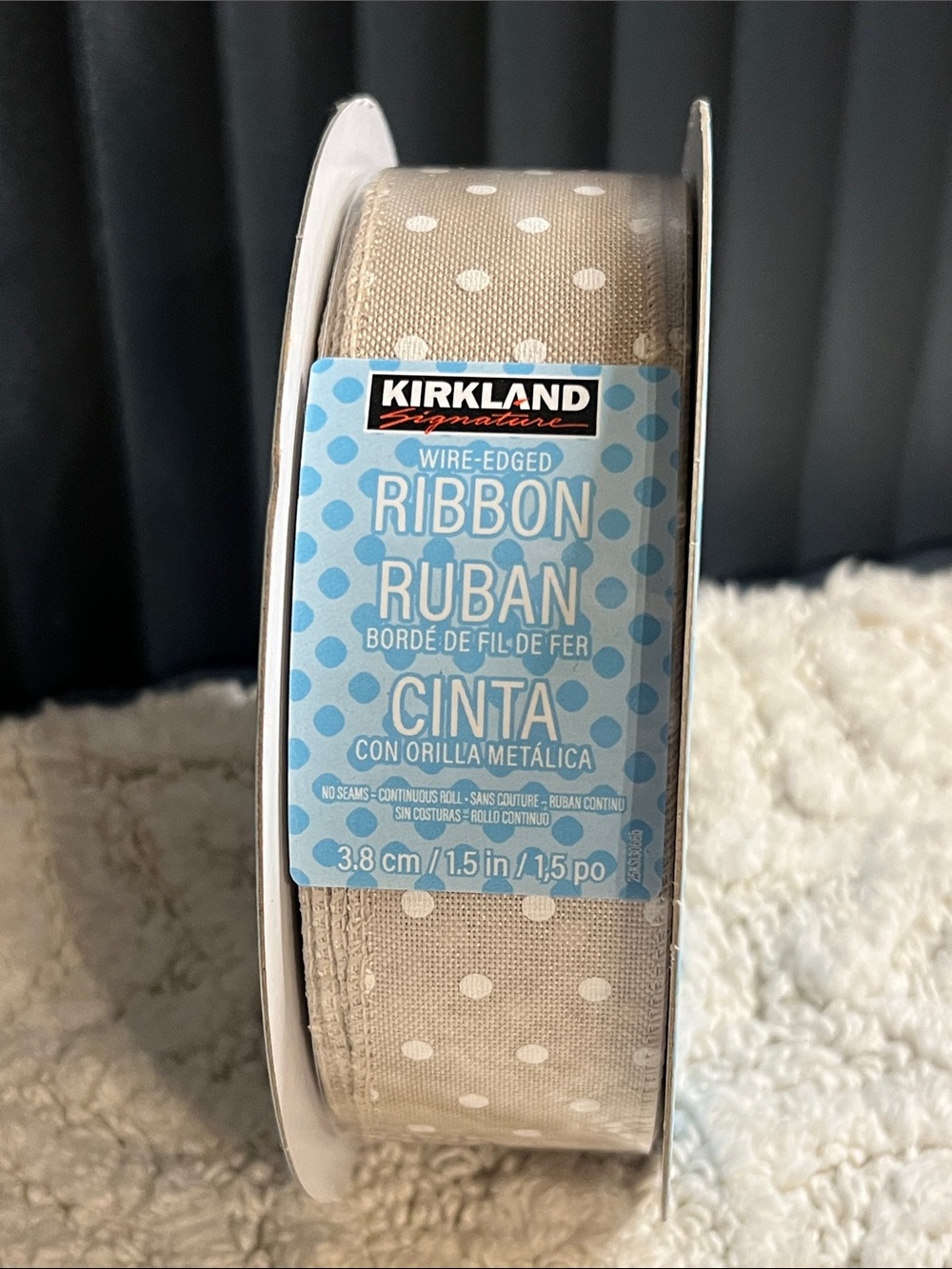 Kirkland Wired Ribbon Tan & White Polka Dots 50 Yd x 1.5”